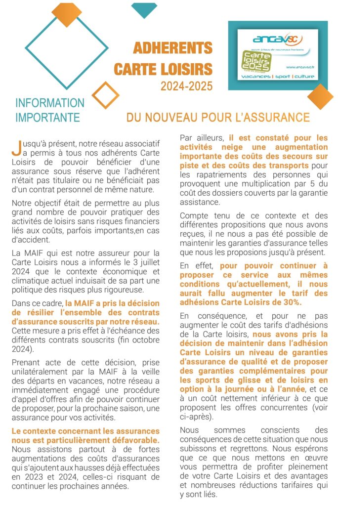 explications des nouveaux tarifs assurance ski ETCL